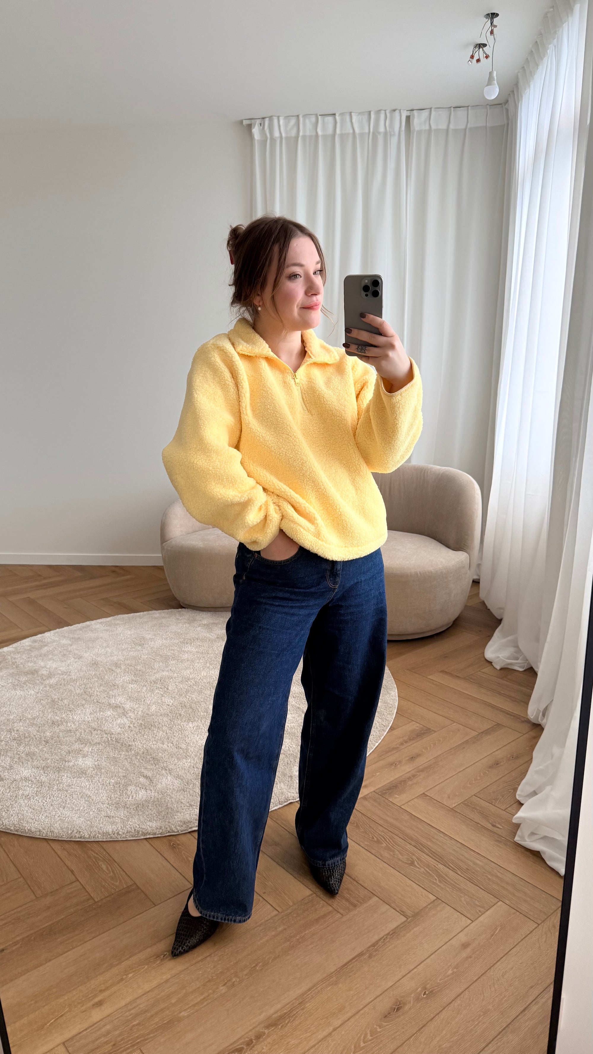 Vera yellow halfzip teddy sweater